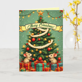 Cartão Feliz Natal Lindos Ratos Felizes Árvore Vitoriana