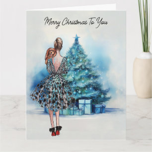 Cartão Feliz Natal, mulher e árvore de Natal azul