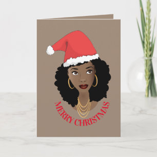 Cartão Feliz Natal, Mulher Negra, Chapéu Vermelho de Sant