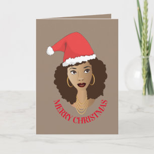 Cartão Feliz Natal, Mulher Negra, Chapéu Vermelho de Sant