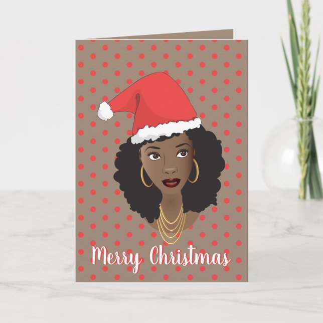 Cartão Feliz Natal! Mulher Negra, Santa Hat, Bolinhas (Frente)