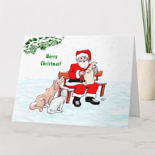 Cartão Feliz Natal! Papai Noel com Gato e Cachorro (Frente)
