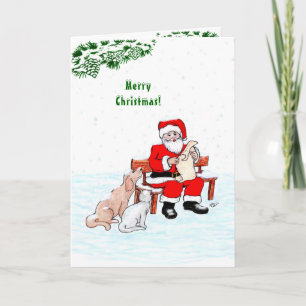 Cartão Feliz Natal! Papai Noel com Gato e Cão