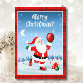 Cartão Feliz Natal Papai Noel Feliz Jogando Boliche