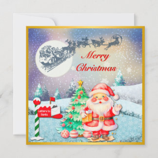 Cartão Feliz Natal Papai Noel, Trenó, Rena, Floco de Neve