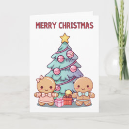 Cartão Feliz Natal Pessoas de Biscoito de Gengibre e Árvo