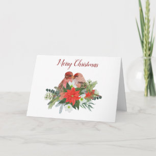 Cartão Feliz Natal Poinsettia e Duas Aves Vermelhas