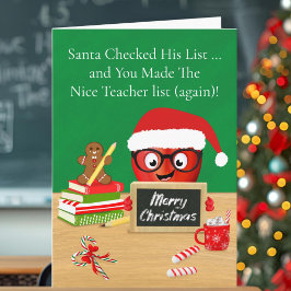 Cartão Feliz Natal Professor Maçã Fofa na Mesa