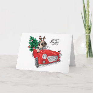 Cartão Feliz Natal   Pug Dirigindo Carro Antigo