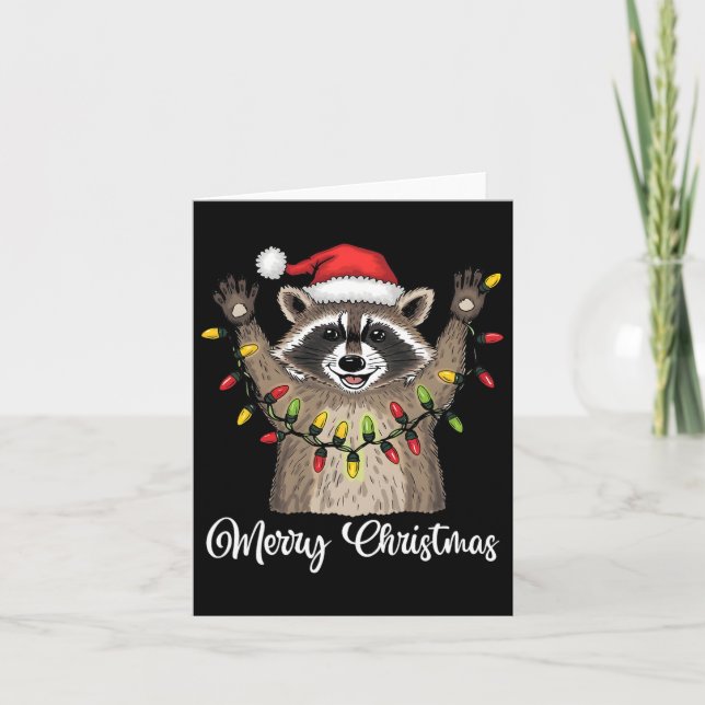 Cartão Feliz Natal Raccoon Santa Hat Xmas Light Pjs (Frente)