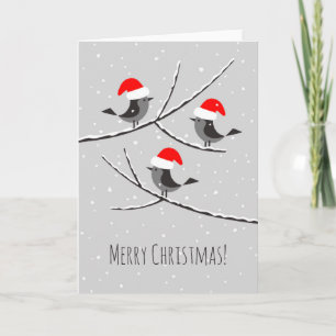 Cartão Feliz Natal Red Santa Hat Birds