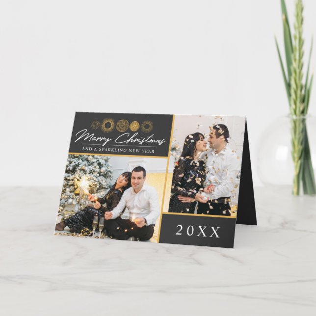 Cartão Feliz Natal Retro Dourado Foto de Burst Saudação (Frente)