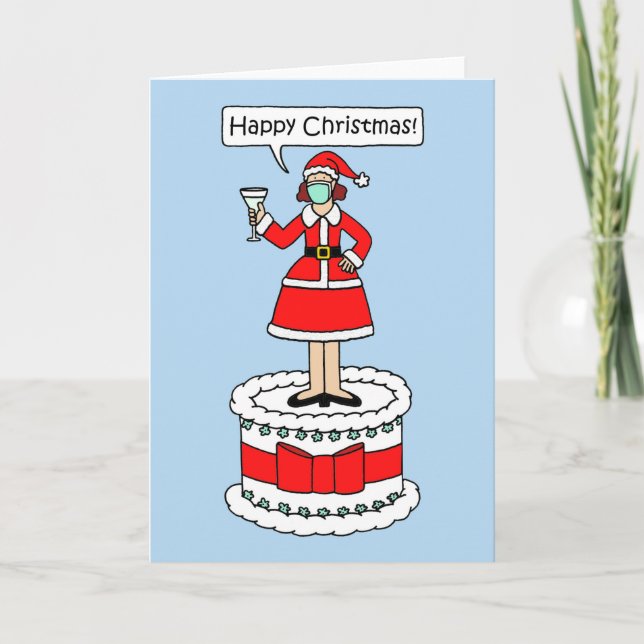Cartão Feliz Natal Senhora com Bolo de Máscara (Frente)