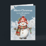 Cartão Feliz Natal Snowman Cousin<br><div class="desc">Um sorriso de boneco de neve, tão quente e brilhante, assim como nossa amizade, puro prazer. Feliz Natal, meu querido Primo Que nosso riso nunca acaba.</div>