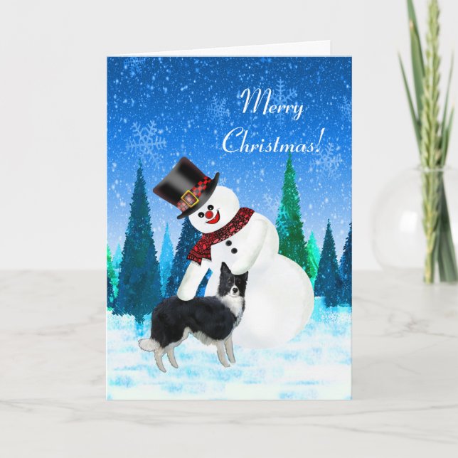 Cartão Feliz Natal Snowman e Border Collie (Frente)