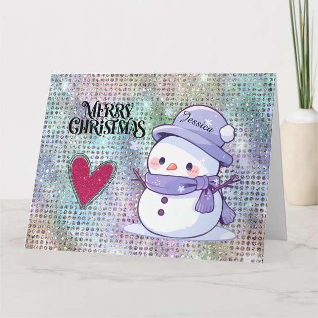 Cartão Feliz Natal Snowman Pastel Glitter (Frente)