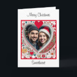 Cartão Feliz Natal Sweetheart | Foto de Natal<br><div class="desc">Cartão de Natal personalizado. Quadro floral de coração vermelho e azul que você pode personalizar adicionando sua foto.</div>