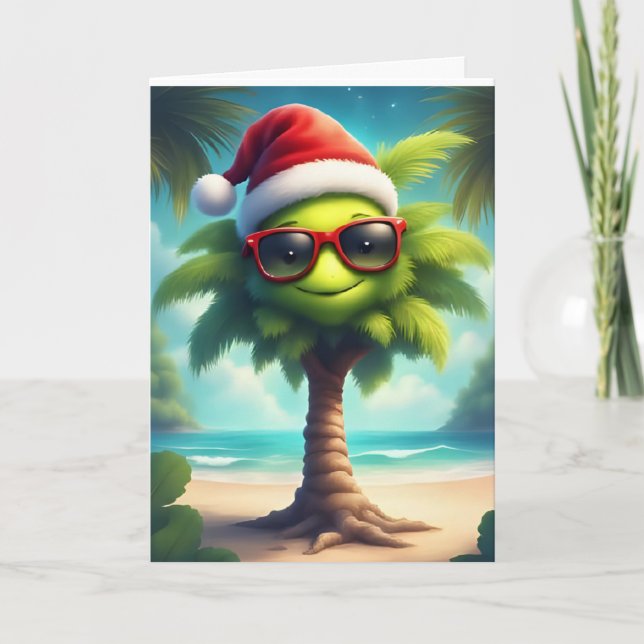 Cartão Feliz Natal Tropical - Papai noel Palm Tree Card (Frente)