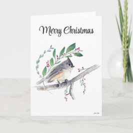 Cartão Feliz Natal Tufted Titmouse Bird Holiday Card
