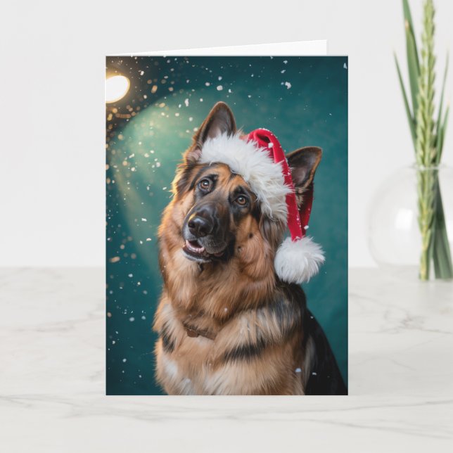 Cartão Feliz Natal Um Cachorro German shepherd em Papais  (Frente)