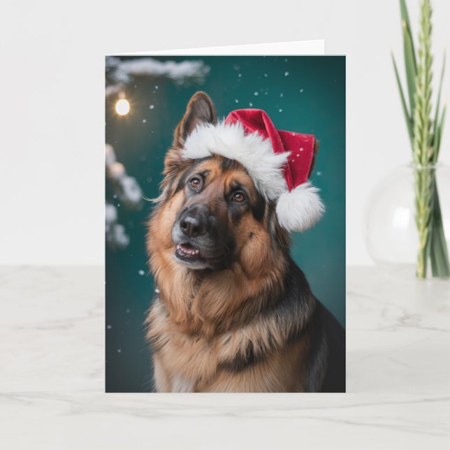 Cartão Feliz Natal Um Cachorro German shepherd em Papais  (Frente)