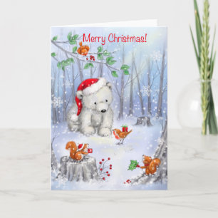 Cartão Feliz Natal, Urso Polar em Madeira Neve