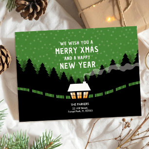 Cartão Feliz Natal verde e preto com pinheiros retrô