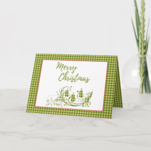 Cartão Feliz Natal verde xadrez vermelho com velas