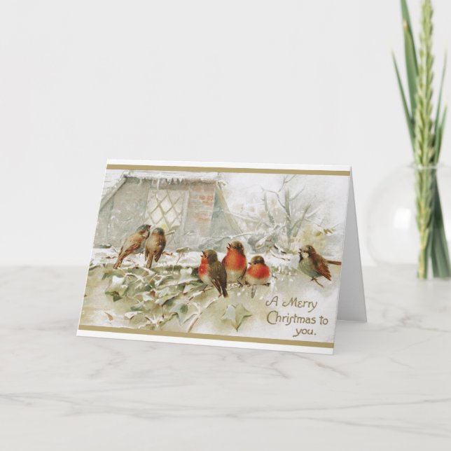 Cartão Feliz Natal Vintage Robin Bird (Frente)