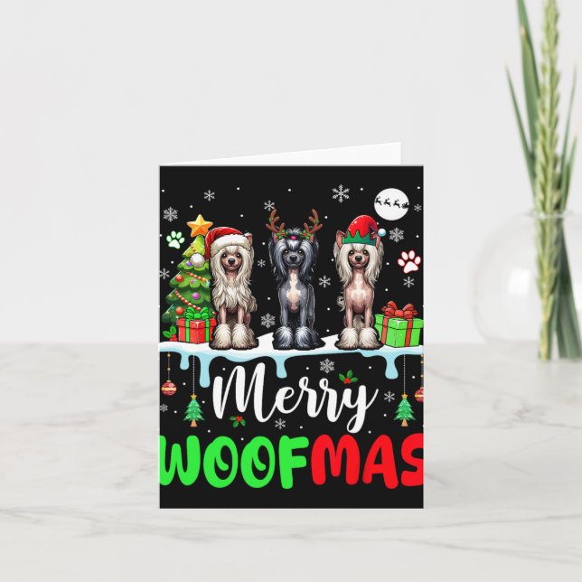 Cartão Feliz Natal Woof Três Papais noeis Elf Crest Chinê (Frente)