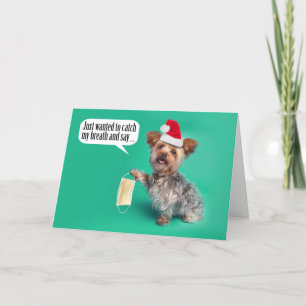 Cartão Feliz Natal Yorkie Dog Segurando Máscara