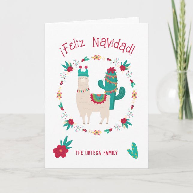 Cartão Feliz Navidad Bright e Festivo Llama Natal (Frente)