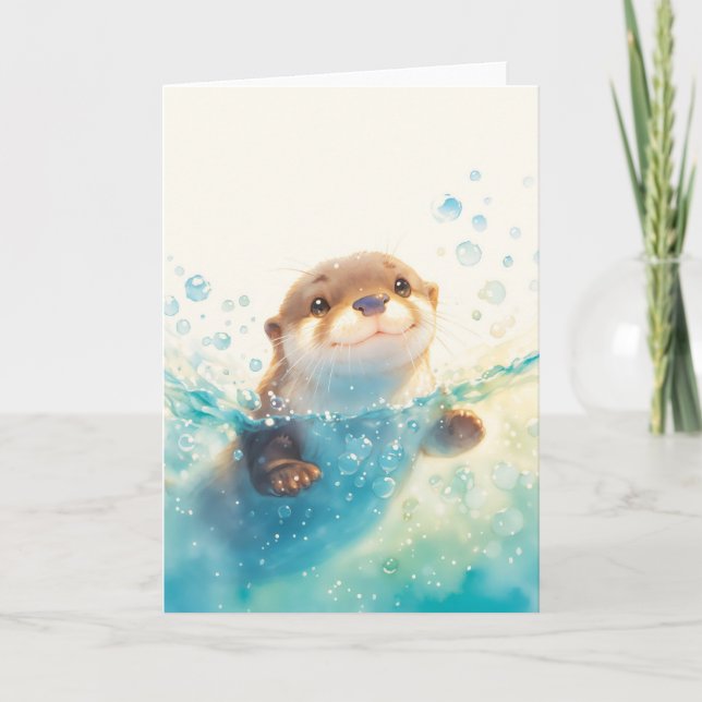 Cartão Feliz Otter em uma Terra Maravilha Aquática (Frente)