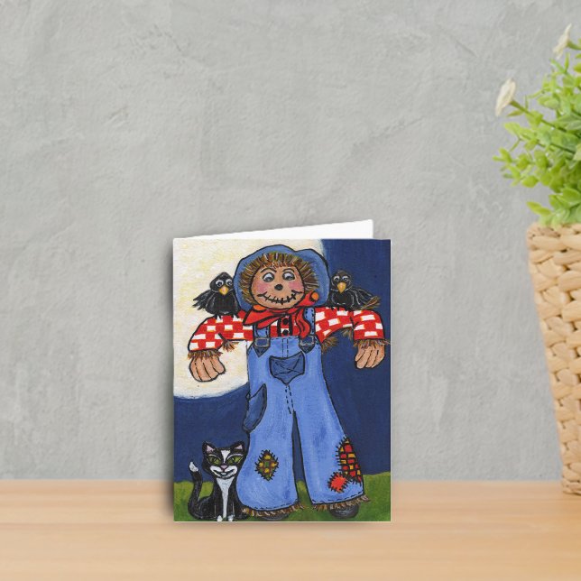 Cartão Feliz Outono Espantalho (Cute scarecrow with cat and black crows under full moon on notecards.)