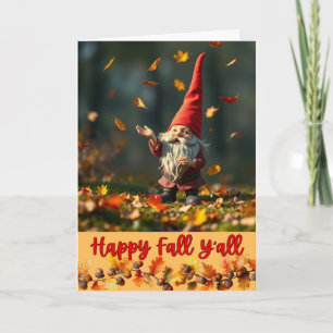 Cartão Feliz Outono para Todos Folhas de Outono e Gnome