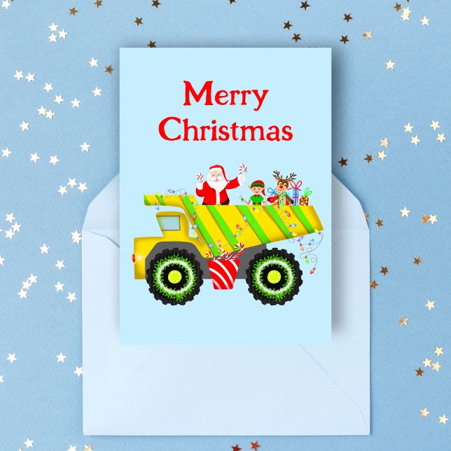 Cartão Feliz Papai noel De Natal Em Dump Elf, Reindeer (Cheerful dump truck scene: Santa, Elf & Rudolph spread holiday joy. Perfect for dump truck-loving.)