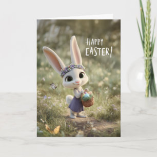 Cartão Feliz Páscoa Coelhinho Fofo c/ Coroa de Flores & C