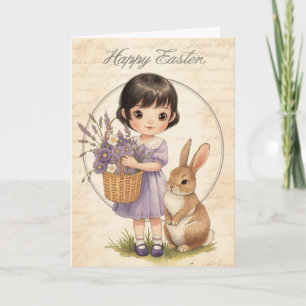 Cartão Feliz Páscoa - Coelho Menina com Lavanda