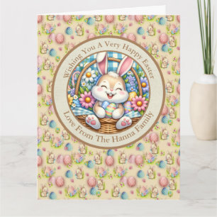 Cartão Feliz Páscoa Com Coelhinho Fofo, Ovos e Floral