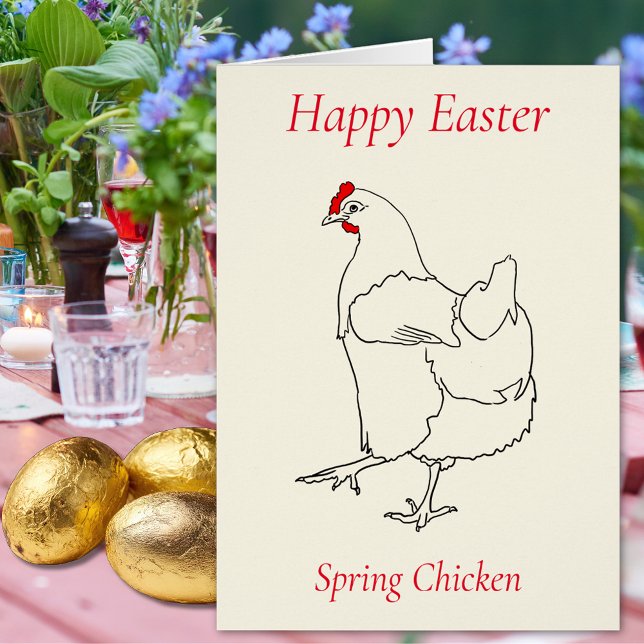 Cartão Feliz Páscoa Frango de Primavera Arte Linear Minim (Happy easter spring chicken cute hen minimalist line art drawing Folded holiday greetings card)