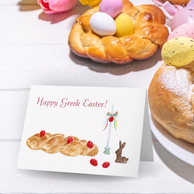 Cartão Feliz Páscoa Grega Aquarela Com Pão & Vela (Criador carregado)