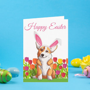 Cartão Feliz Páscoa Lindos Óculos de Coelho Floral Corgi