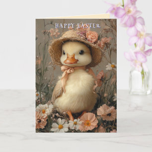 Cartão Feliz Páscoa Pato Fofo Chapéu de Palha Flores Rosa