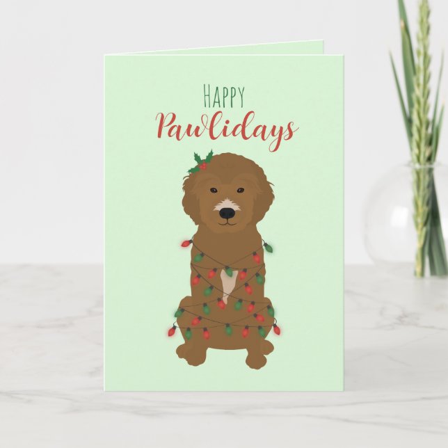 Cartão Feliz Pawlidays Luzes de Natal Goldendoodle (Frente)