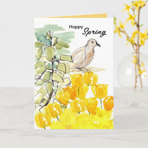 Cartão Feliz Primavera Pombo Árvore Amarelo Flores Silves
