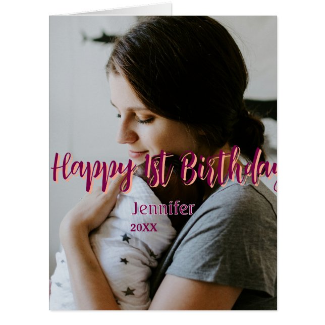 Cartão Feliz primeiro aniversario, bebê mãe vermelha, lar (Frente)