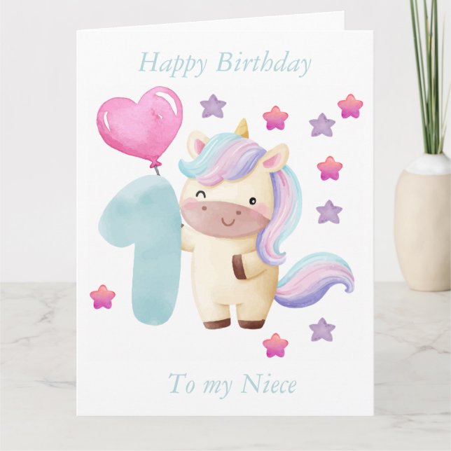 Cartão Feliz primeiro aniversário para a minha sobrinha" (Frente)