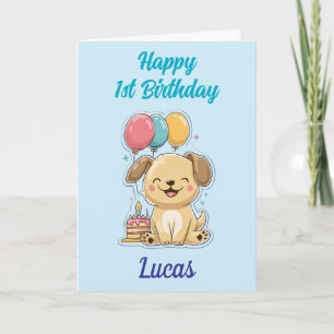 Cartão Feliz primeiro aniversario, Rapaz, Cute Puppy, Per