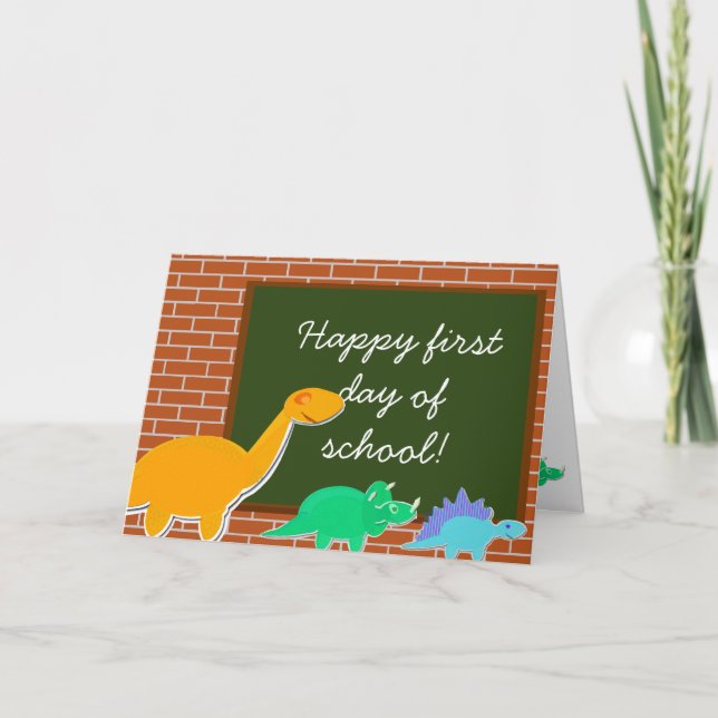 Cartão Feliz primeiro dia de animação escolar Dinossauros (Frente)