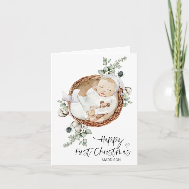 Cartão Feliz Primeiro Natal Filha do Bebê Filho da Mãe (Frente)